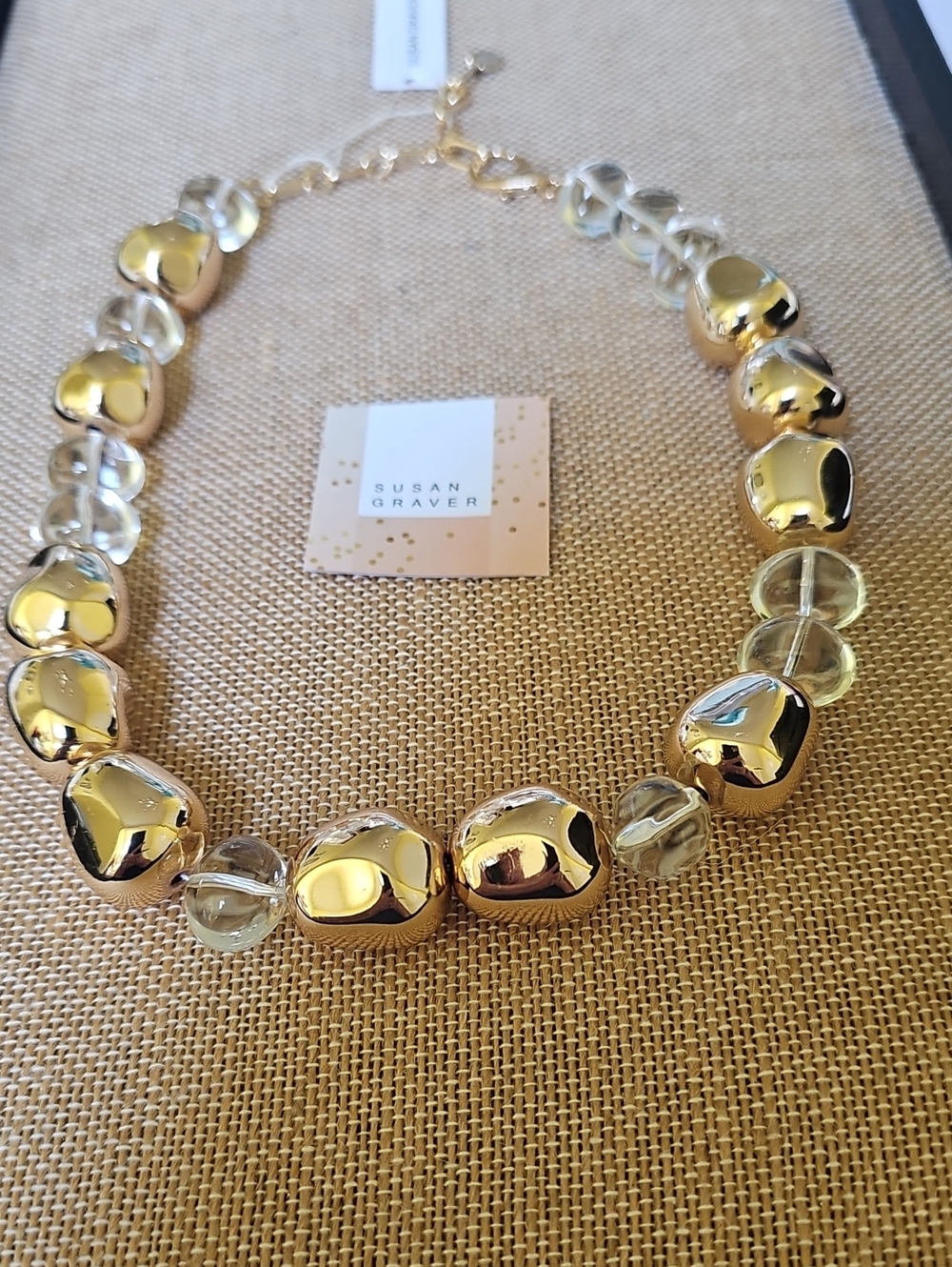 Susan Graver Gold Tone Chunky Nugget Statement Collar Necklace Clear Beads NIB
